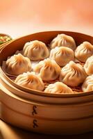 A close-up shot of a bamboo steamer filled with freshly steamed dumplings on a vibrant gradient background photo