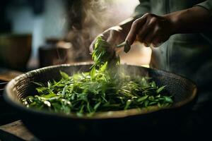 A close-up shot captures delicate tea leaves being carefully steamed symbolizing the harmony between nature and human craftsmanship photo