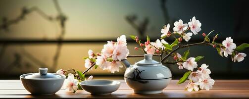 A serene tea room with Japanese tea set on a wooden table background with empty space for text photo