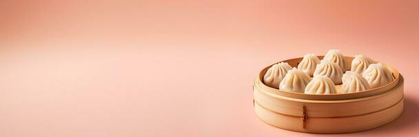 A close-up shot of a bamboo steamer filled with freshly steamed dumplings on a vibrant gradient background photo