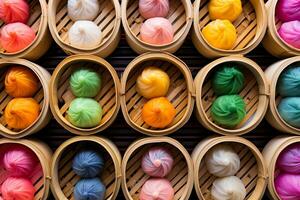 A vibrant collage of colorful bamboo steamers capturing the essence of the traditional dim sum cooking process photo