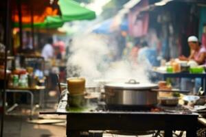 A bustling street food stall in Asia showcasing various steaming techniques with a vibrant background and empty space for text photo