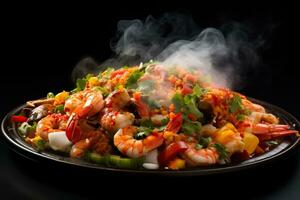 A close-up shot of a sizzling platter of steaming seafood bursting with vibrant colors and flavors on a gradient background photo