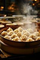 Chefs skillfully wrap delicate dumplings filling the air with mouthwatering aromas as steamer baskets await their turn photo