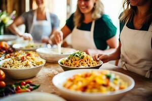 Twirling forks and smiling faces gather around a table adorned with colorful bowls of steaming homemade pasta photo