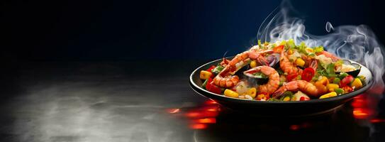 A close-up shot of a sizzling platter of steaming seafood bursting with vibrant colors and flavors on a gradient background photo