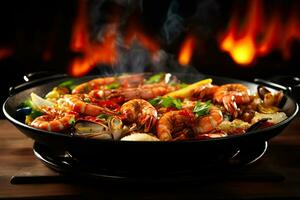 A close-up shot of a sizzling hot pan filled with freshly cooked seafood background with empty space for text photo