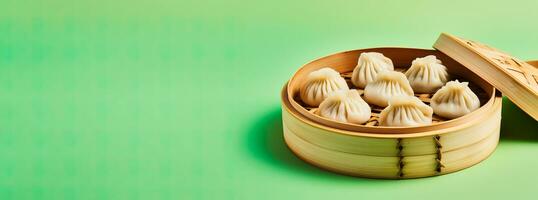 A close-up shot of a bamboo steamer filled with freshly steamed dumplings on a vibrant gradient background photo