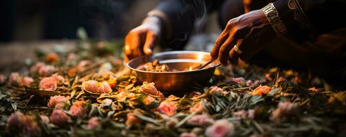 Glowing with anticipation a skilled farmer meticulously steams tea leaves infusing vibrant colors into the heart of the ceremony photo
