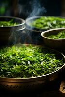 A close-up shot captures delicate tea leaves being carefully steamed symbolizing the harmony between nature and human craftsmanship photo