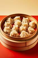 A close-up shot of a bamboo steamer filled with freshly steamed dumplings on a vibrant gradient background photo