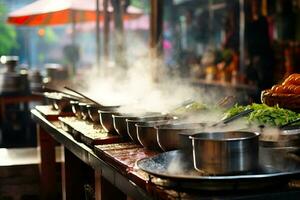 A bustling street food stall in Asia showcasing various steaming techniques with a vibrant background and empty space for text photo