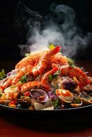A close-up shot of a sizzling platter of steaming seafood bursting with vibrant colors and flavors on a gradient background photo