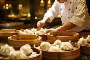 Chefs skillfully wrap delicate dumplings filling the air with mouthwatering aromas as steamer baskets await their turn photo