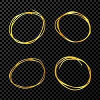 Hand drawn scribble circles.  Set of four gold doodle round circular design elements on dark  background. Vector illustration