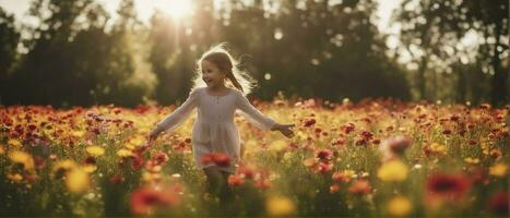 Portrait of smiling girl playing, jumping and running on grass hay field paths of dry grass in the sunset. Waving hands. Forest on bright light background. Cloudy sunny sky. Haying time, generative ai photo