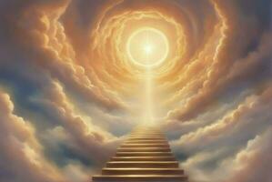 Stairway to Heaven. Stairs in sky. Concept with sun and clouds. Religion background, generative ai photo