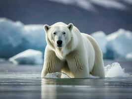 polar oso en el a la deriva hielo con nieve y hielo agua, salvaje peligro animales en el naturaleza hábitat, generativo ai foto