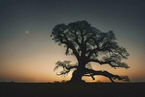 natural puesta de sol paisaje con hombre debajo el árbol silueta, generativo ai foto