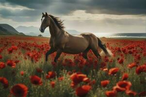 Horse run gallop in flower meadow, generative ai photo