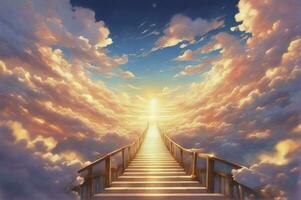 Stairway to Heaven. Stairs in sky. Concept with sun and clouds. Religion background, generative ai photo