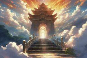 Stairway to Heaven. Stairs in sky. Concept with sun and clouds. Religion background, generative ai photo