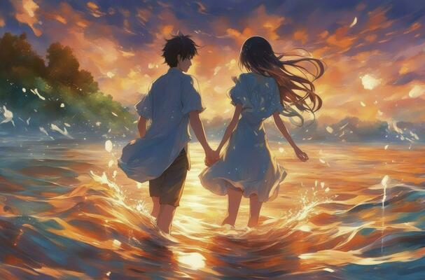 Anime Couple looking at Sunset, Anime Digital Art illustration for background  wallpaper. Generative AI Stock Illustration