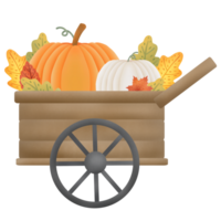 A wooden cart filled with pumpkins and autumn leaves png