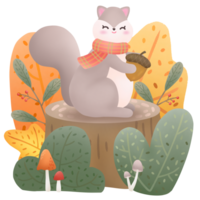 A squirrel holding a walnut stands on a stump. png