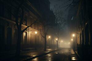 Foggy night street. Generate Ai photo