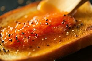 papaya toast, macro shot of a fresh breakfast with Dripping Honey, AI Generated photo