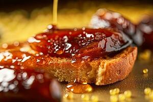 Saudi Arab Dates toast, macro shot of a fresh breakfast with Dripping Honey, AI Generated photo