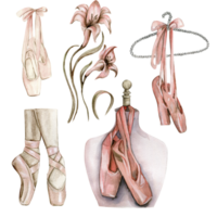 Watercolor pointe shoes with ribbon bow. png