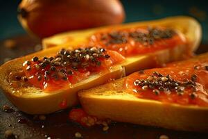 papaya toast, macro shot of a fresh breakfast with Dripping Honey, AI Generated photo