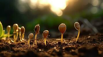 germinando semillas de vegetal en el tierra debajo nieve en invierno, ai generado foto