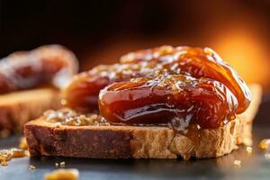 Saudi Arab Dates toast, macro shot of a fresh breakfast with Dripping Honey, AI Generated photo