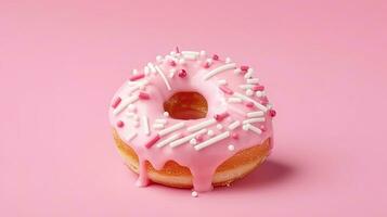 Bitten pink icing donut with marshmallows on pink background, AI Generated photo