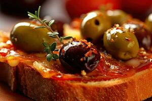 Olives toast, macro shot of a fresh breakfast, AI Generated photo