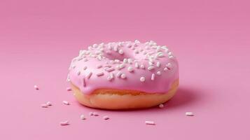 Bitten pink icing donut with marshmallows on pink background, AI Generated photo