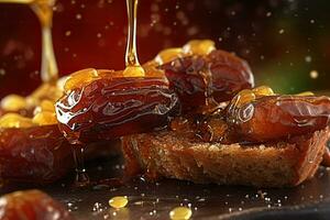 saudi árabe fechas tostada, macro Disparo de un Fresco desayuno con goteo Miel, ai generado foto