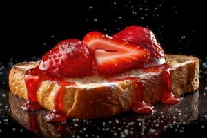 Strawberry toast, macro shot of a fresh breakfast with Dripping Honey, AI Generated photo