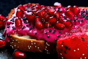 Dragonfruit toast, macro shot of a fresh breakfast with Dripping Honey, AI Generated photo