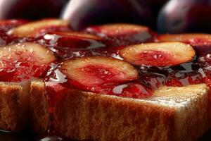 Plum toast, macro shot of a fresh breakfast with Dripping Honey, AI Generated photo