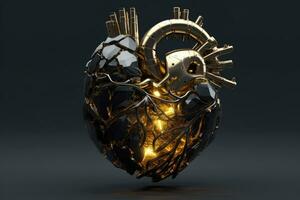 3d illustration of Human Heart made of black onyx, golden highlights AI Generated photo