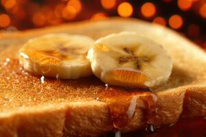 Banana toast, macro shot of a fresh breakfast with Dripping Honey, AI Generated photo