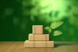 Wooden product display podium with blurred nature leaves on green background 3d rendering photo