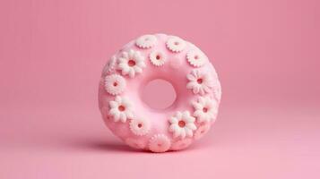 Bitten pink icing donut with marshmallows on pink background, AI Generated photo