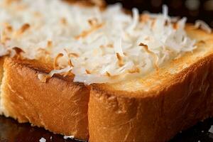 Coconut toast, macro shot of a fresh breakfast with Dripping Honey, AI Generated photo