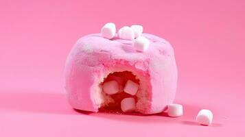 Bitten pink icing donut with marshmallows on pink background, AI Generated photo