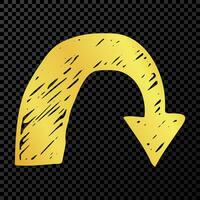 Gold hand drawn arrow. Sketch of gold doodle arrow isolated on dark background. Vector illustration.